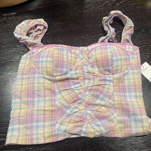 NWT Pastel Plaid Padded Cropped Tank w Ruffle Straps